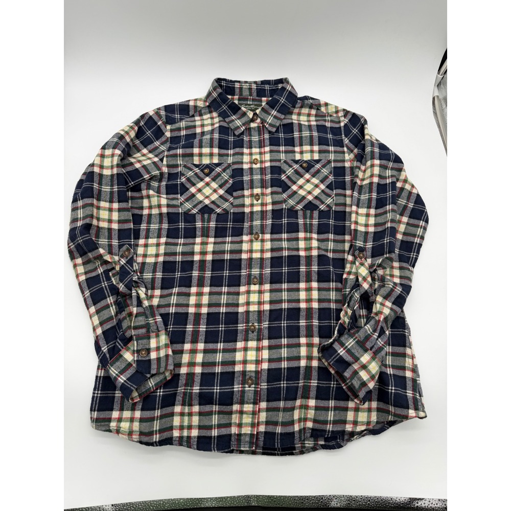 Eddie Bauer Mens M Navy Blue Plaid Flannel Button Down Shirt Roll Tab D4258361